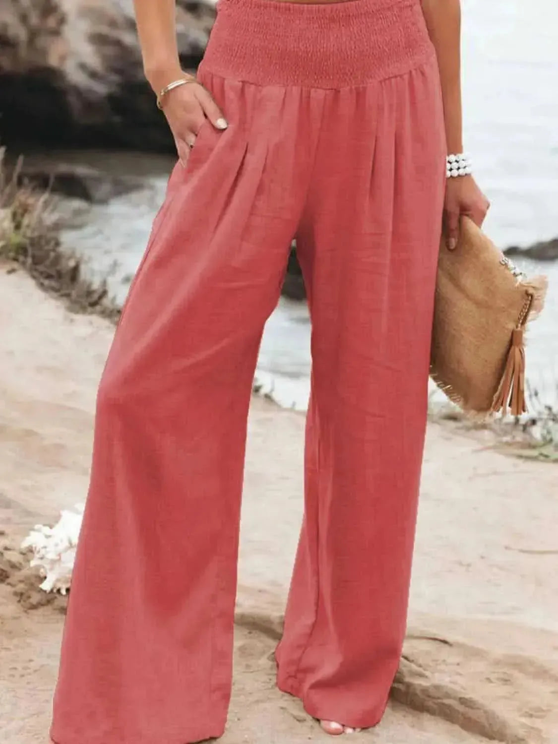 Full Size Smocked Waist Wide Leg Pants - Bad Moms Club