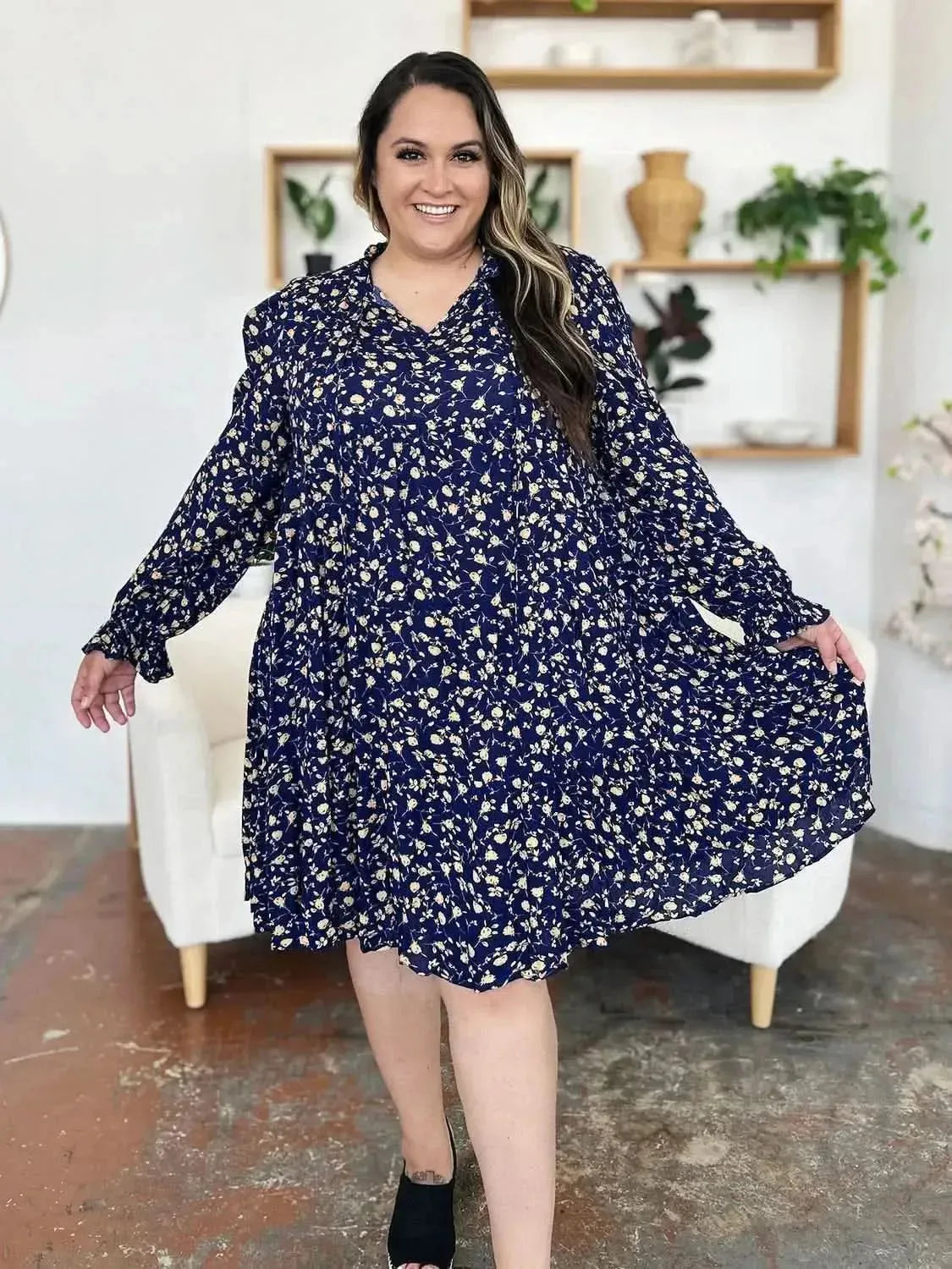 Double Take Full Size Printed Ruffle Hem Long Sleeve Tiered Dress - Bad Moms Club