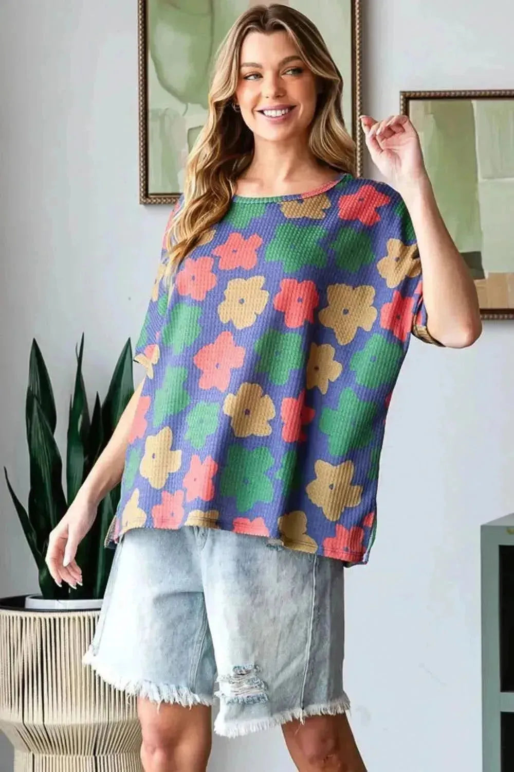HOPELY Full Size Floral Round Neck Side Slit T-Shirt - Bad Moms Club
