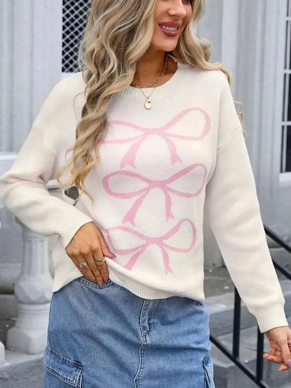 Angel Wings Bow Graphic Round Neck Long Sleeve Sweater - Bad Moms Club