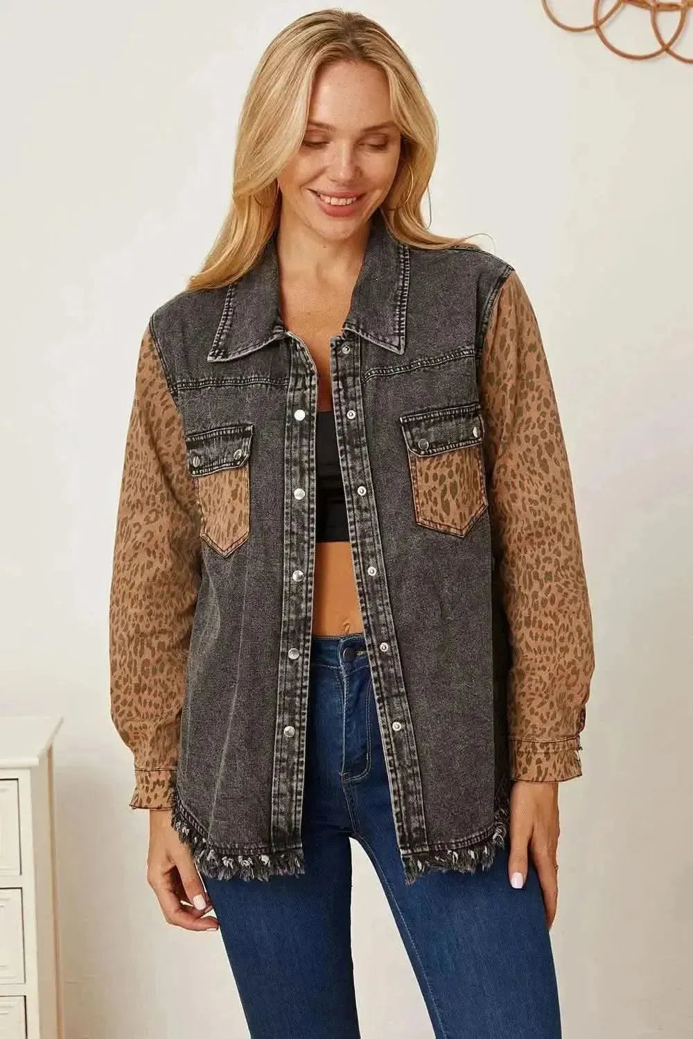 MeiMei Leopard Raw Hem Pocketed Denim Jacket - Bad Moms Club