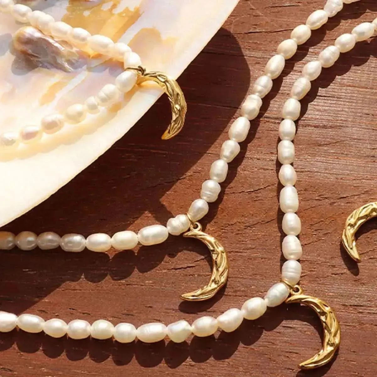 Pearl Titanium Steel Moon Shape Pendant Necklace - Bad Moms Club