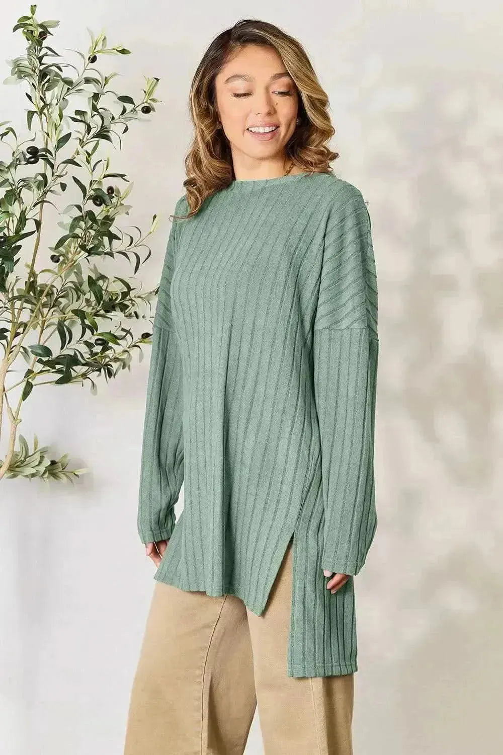Basic Bae Full Size Ribbed Round Neck Long Sleeve Slit Top - Bad Moms Club
