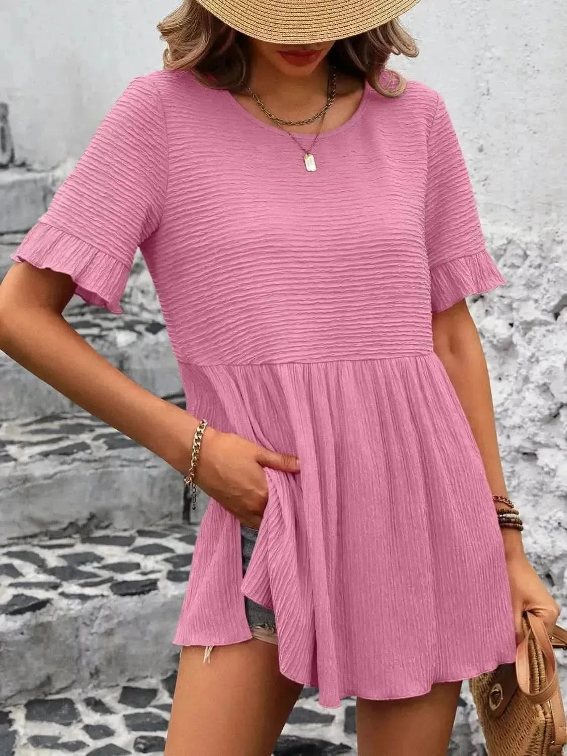Ivy Lane Round Neck Short Sleeve Blouse - Bad Moms Club