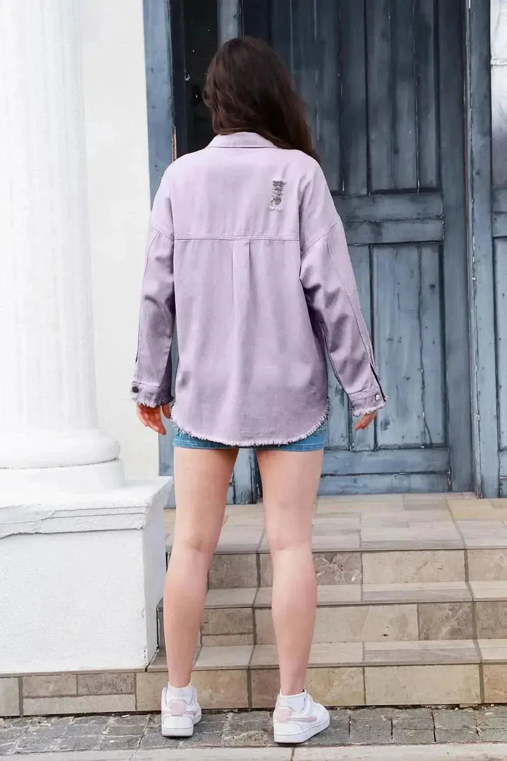 Distressed Button Up Raw Hem Denim Jacket - Bad Moms Club