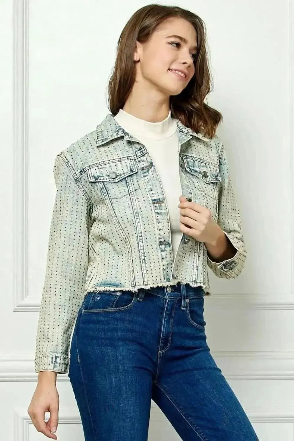 Veveret Multi Color Stripe Rhinestone Raw Hem Denim Jacket - Bad Moms Club