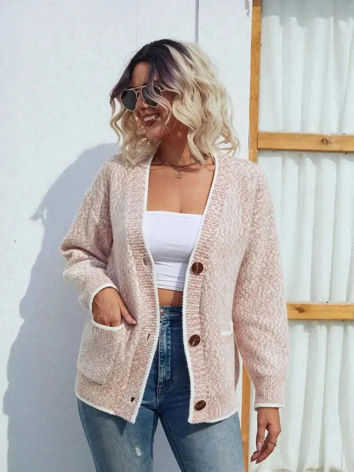 Button Down V-Neck Cardigan with Pockets - Bad Moms Club