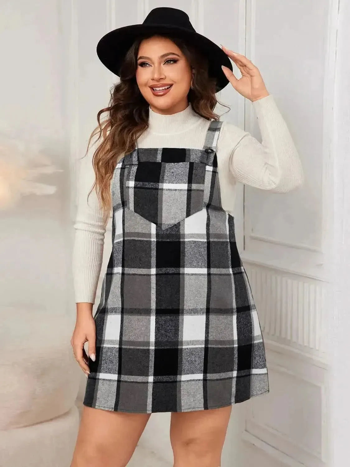 Honey Plus Size Plaid Wide Strap Overall Dress - Bad Moms Club