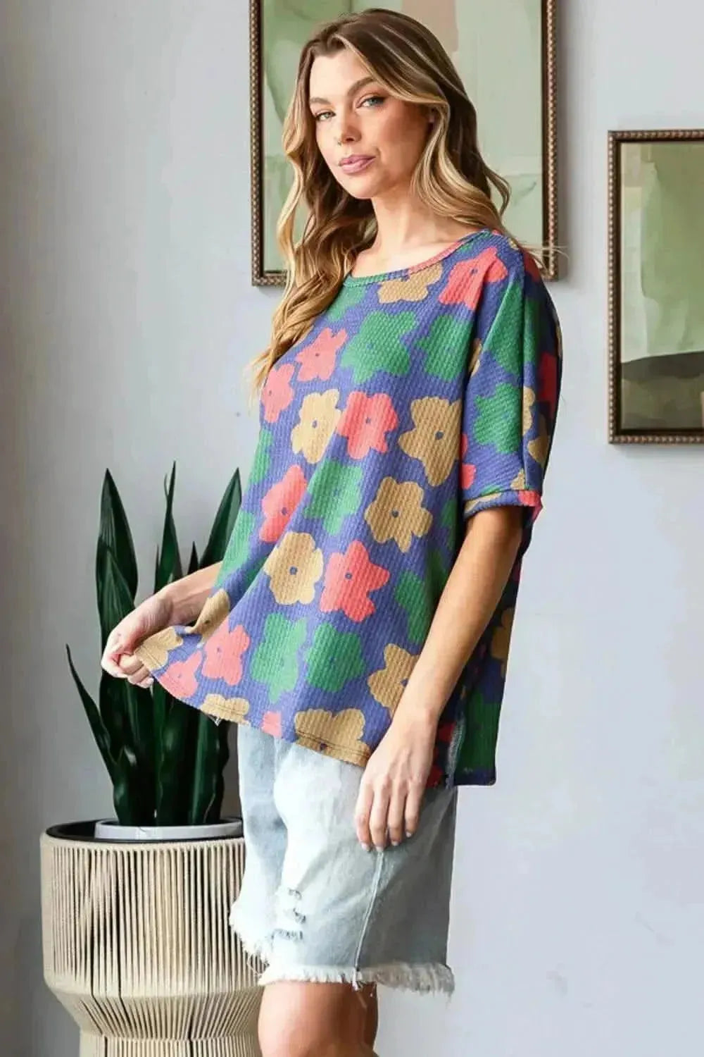 HOPELY Full Size Floral Round Neck Side Slit T-Shirt - Bad Moms Club