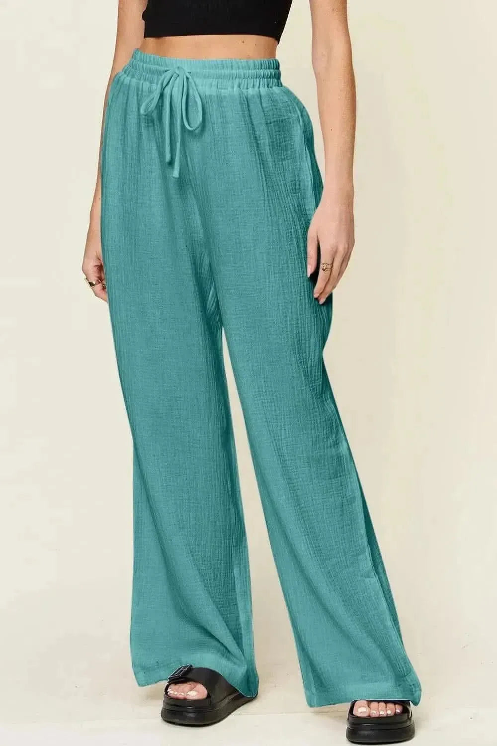 Double Take Full Size Texture Drawstring Wide Leg Pants - Bad Moms Club