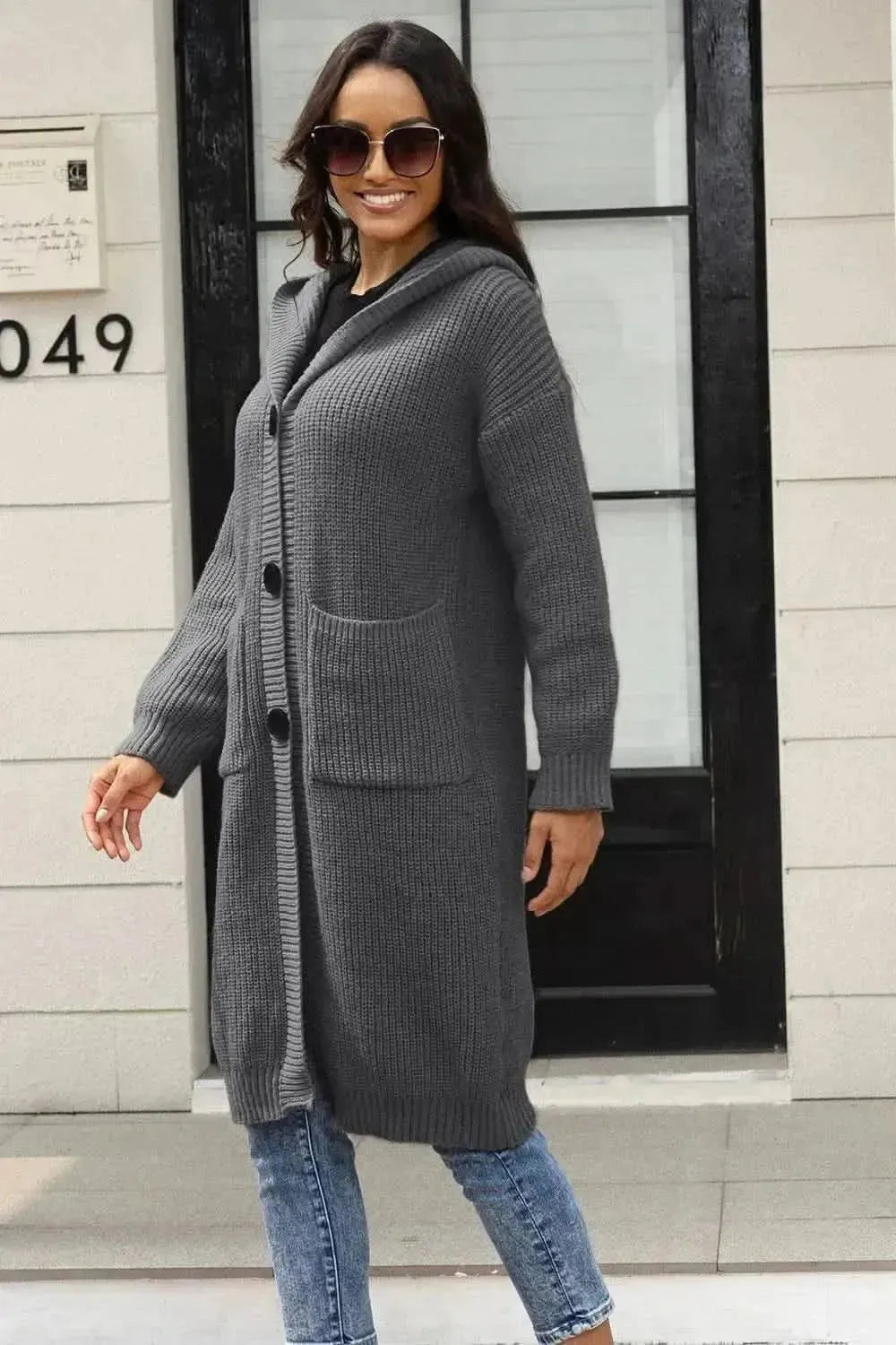 Button Up Long Sleeve Hooded Cardigan with Pockets - Bad Moms Club