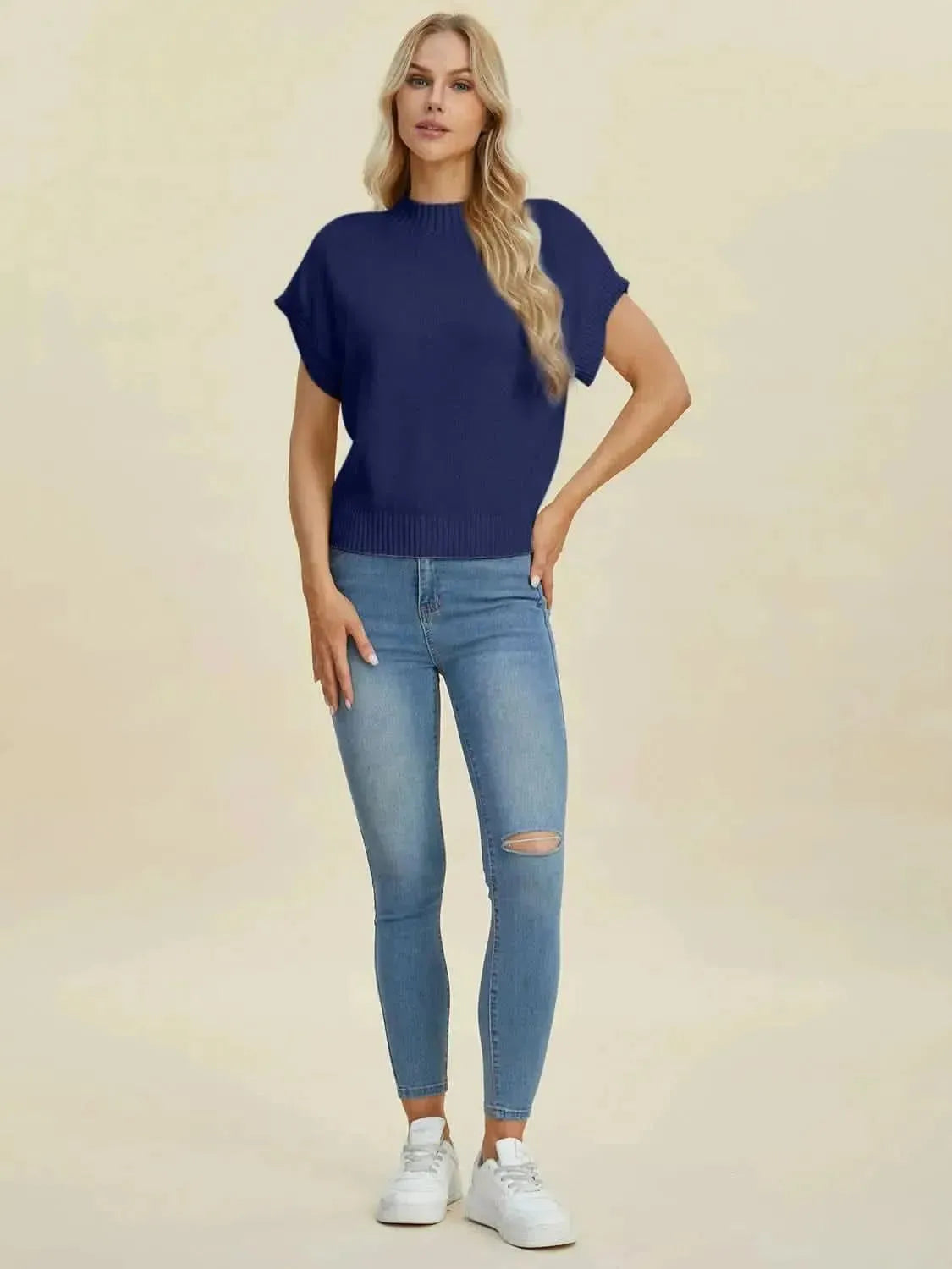 Double Take Full Size Mock Neck Short Sleeve Sweater - Bad Moms Club