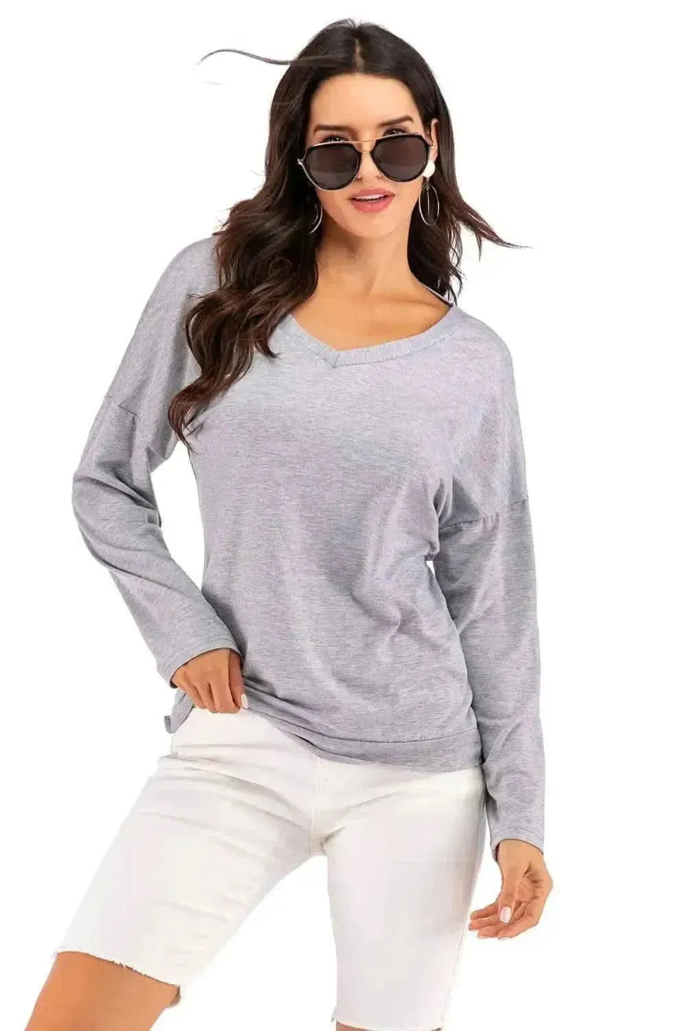 Perfee V-Neck Drop Shoulder Open Back Sweatshirt - Bad Moms Club