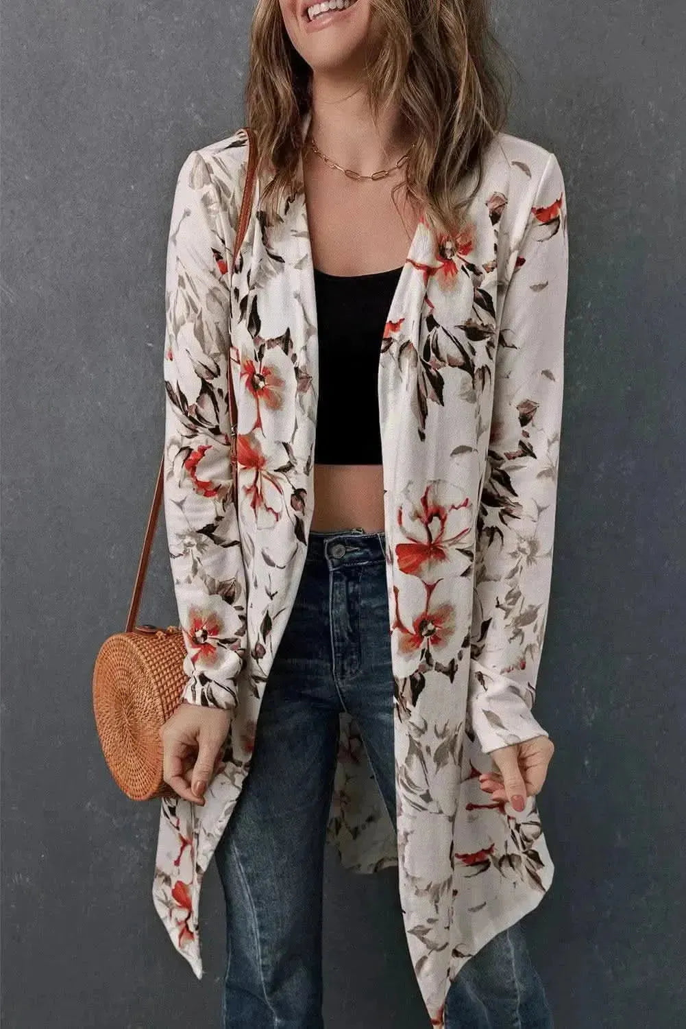 Double Take Printed Open Front Longline Cardigan - Bad Moms Club