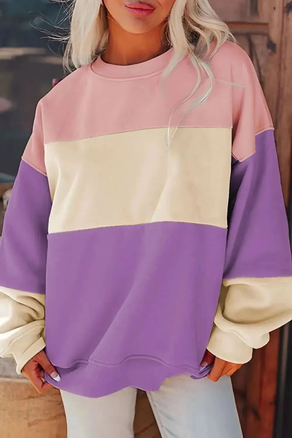 Contrast Round Neck Long Sleeve Sweatshirt - Bad Moms Club