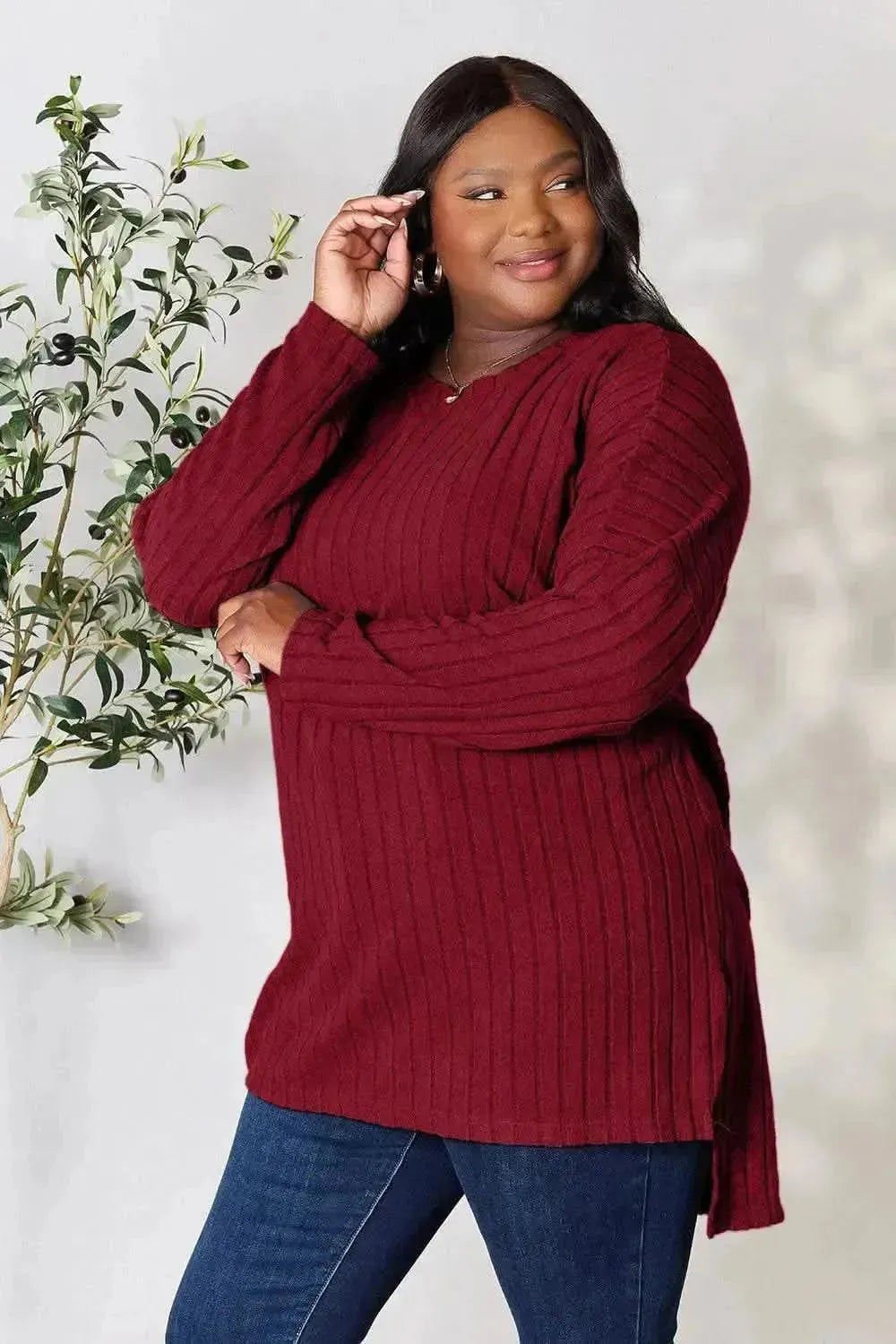 Basic Bae Full Size Ribbed Round Neck Long Sleeve Slit Top - Bad Moms Club