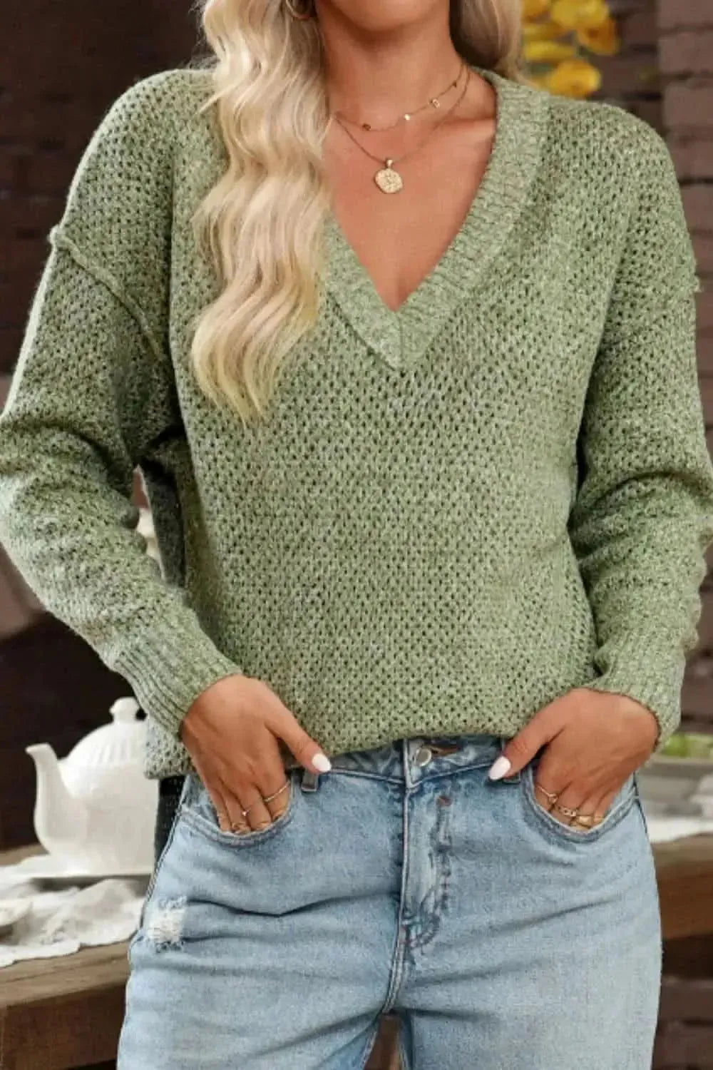 V-Neck Dropped Shoulder Long Sleeve Sweater - Bad Moms Club