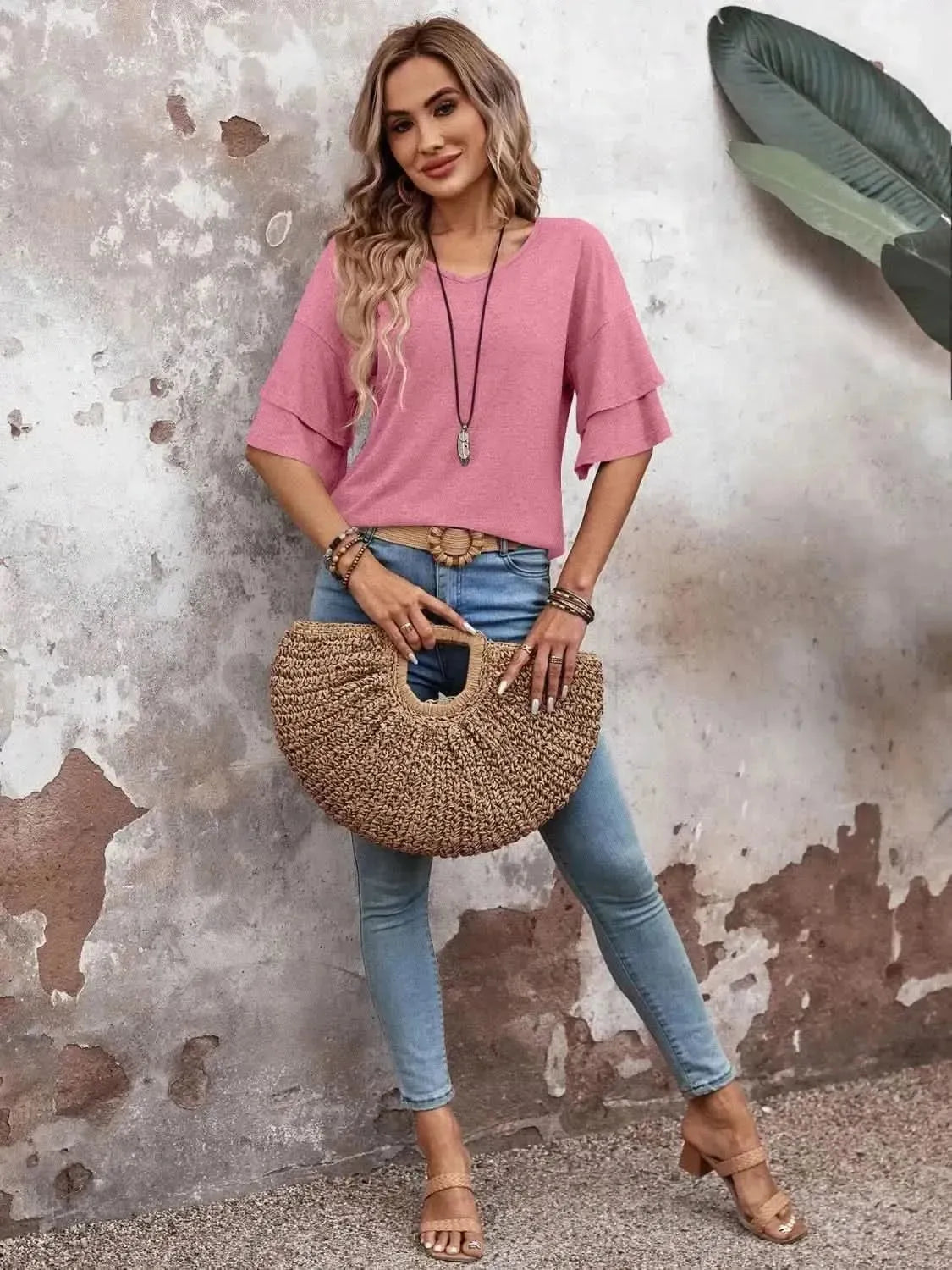 V-Neck Half Sleeve Blouse - Bad Moms Club