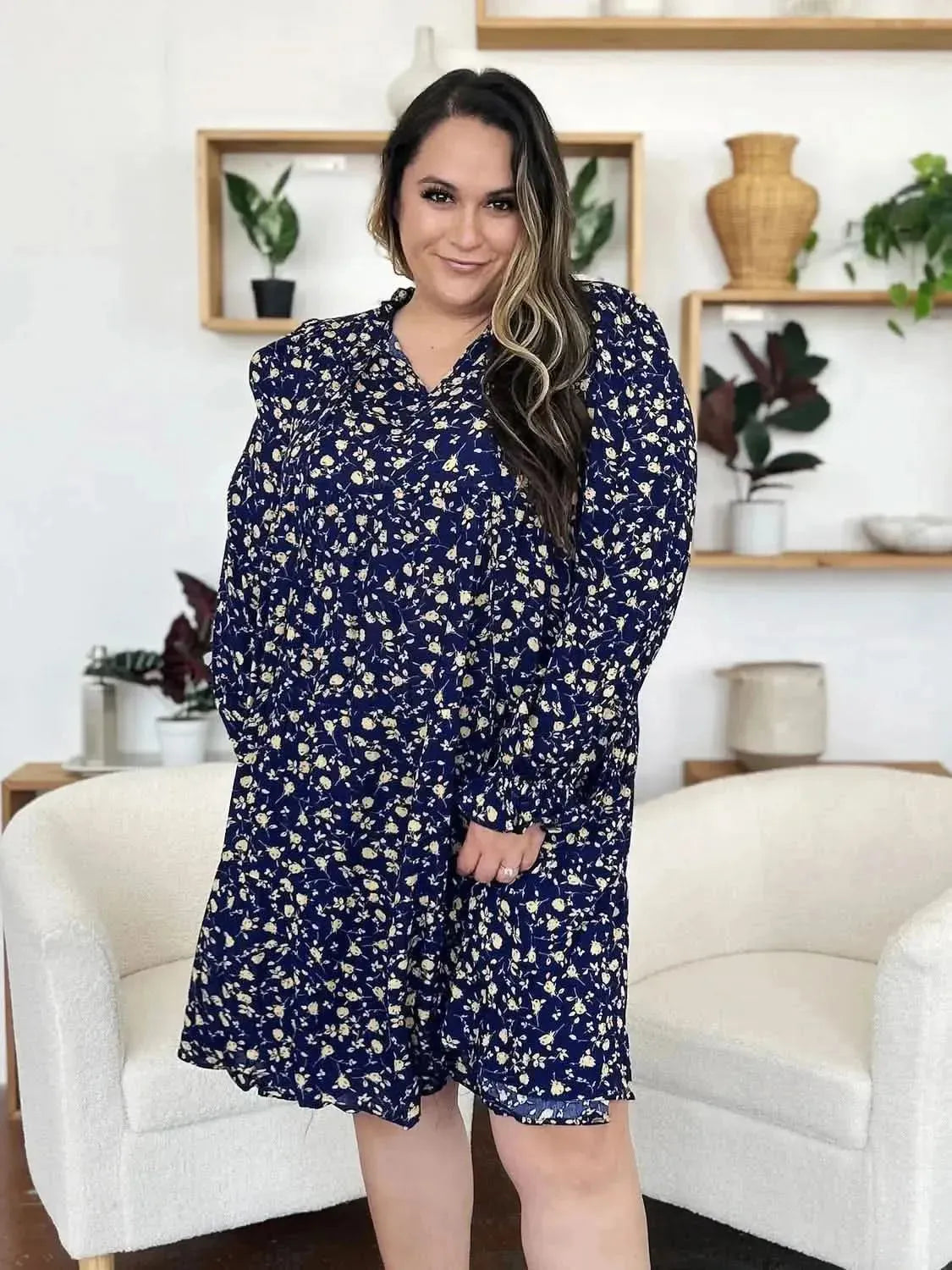 Double Take Full Size Printed Ruffle Hem Long Sleeve Tiered Dress - Bad Moms Club