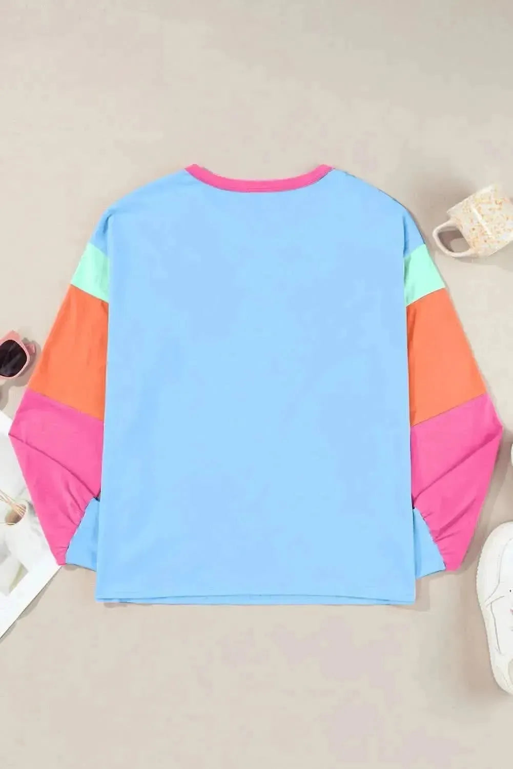 Color Block Round Neck Long Sleeve Top - Bad Moms Club