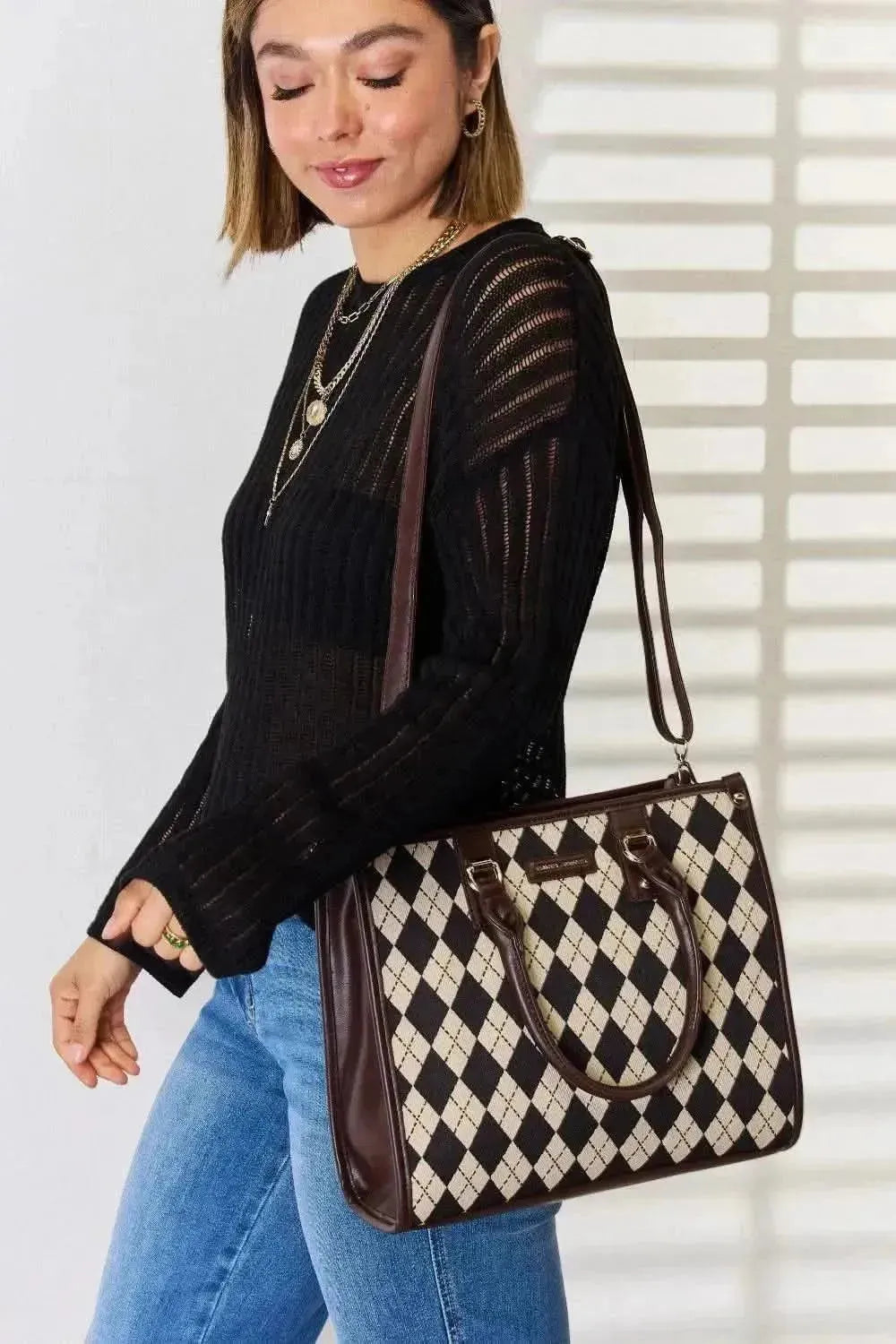 David Jones Argyle Pattern PU Leather Handbag - Bad Moms Club
