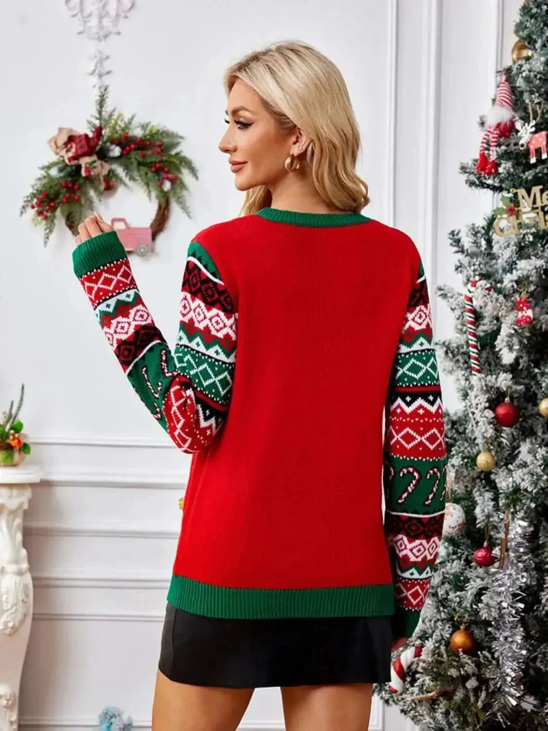 Christmas Element Round Neck Long Sleeve Sweater - Bad Moms Club