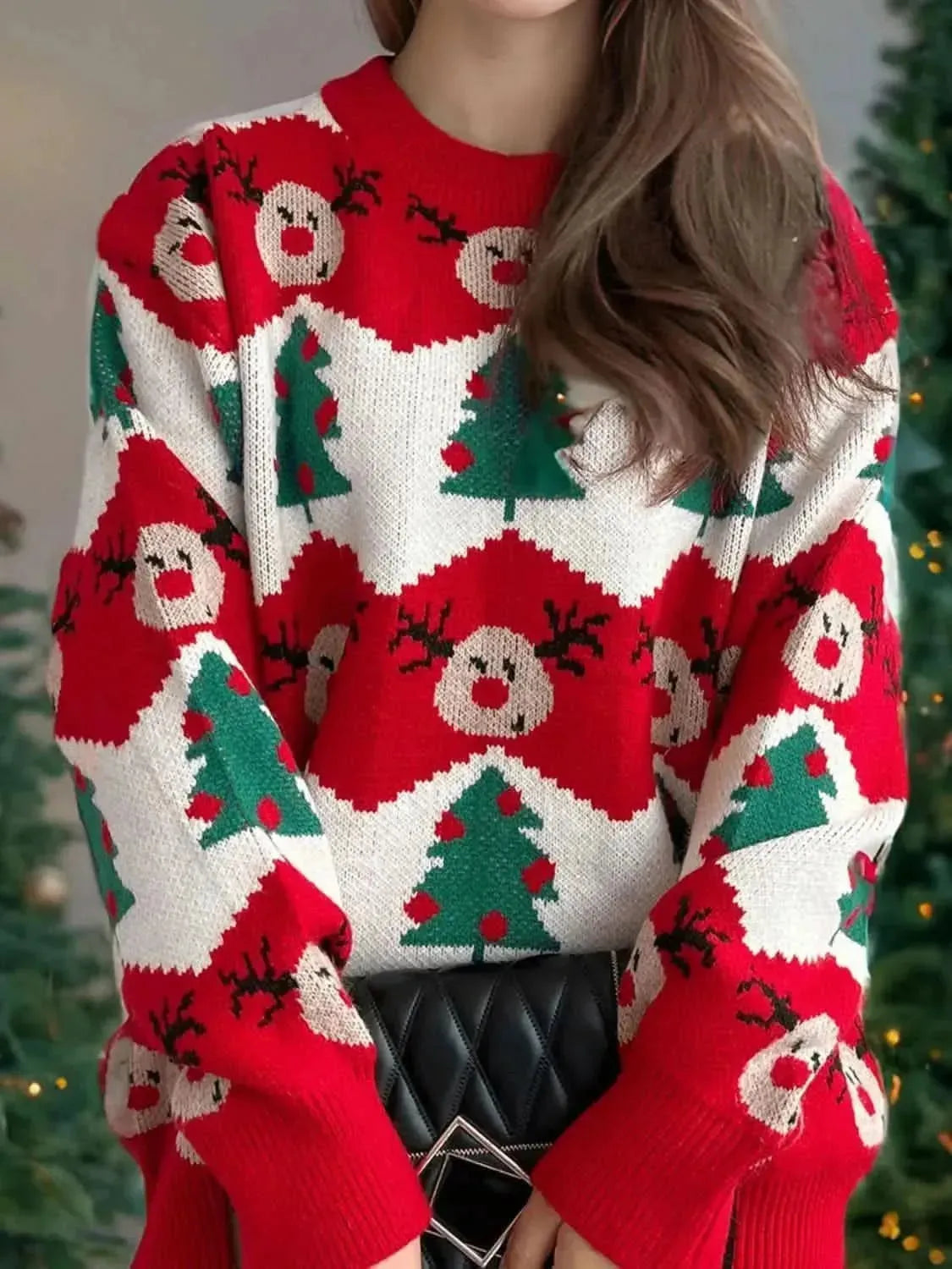 Christmas Element Round Neck Long Sleeve Sweater - Bad Moms Club