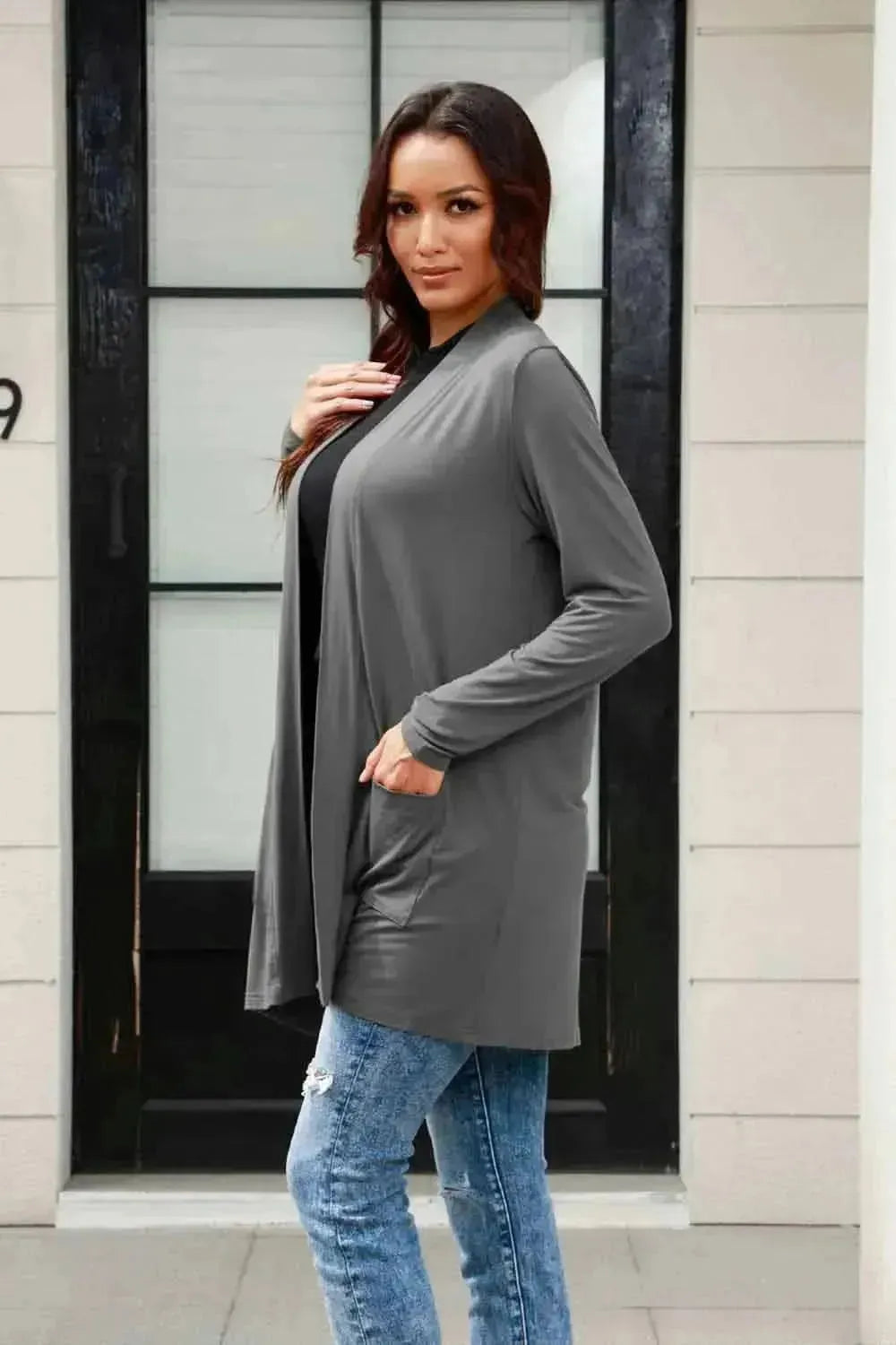 Basic Bae Full Size Open Front Long Sleeve Cardigan with Pockets - Bad Moms Club