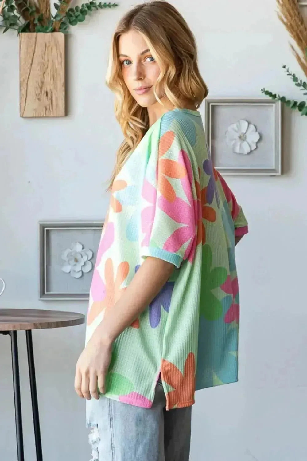HOPELY Floral Round Neck Waffle T-Shirt - Bad Moms Club