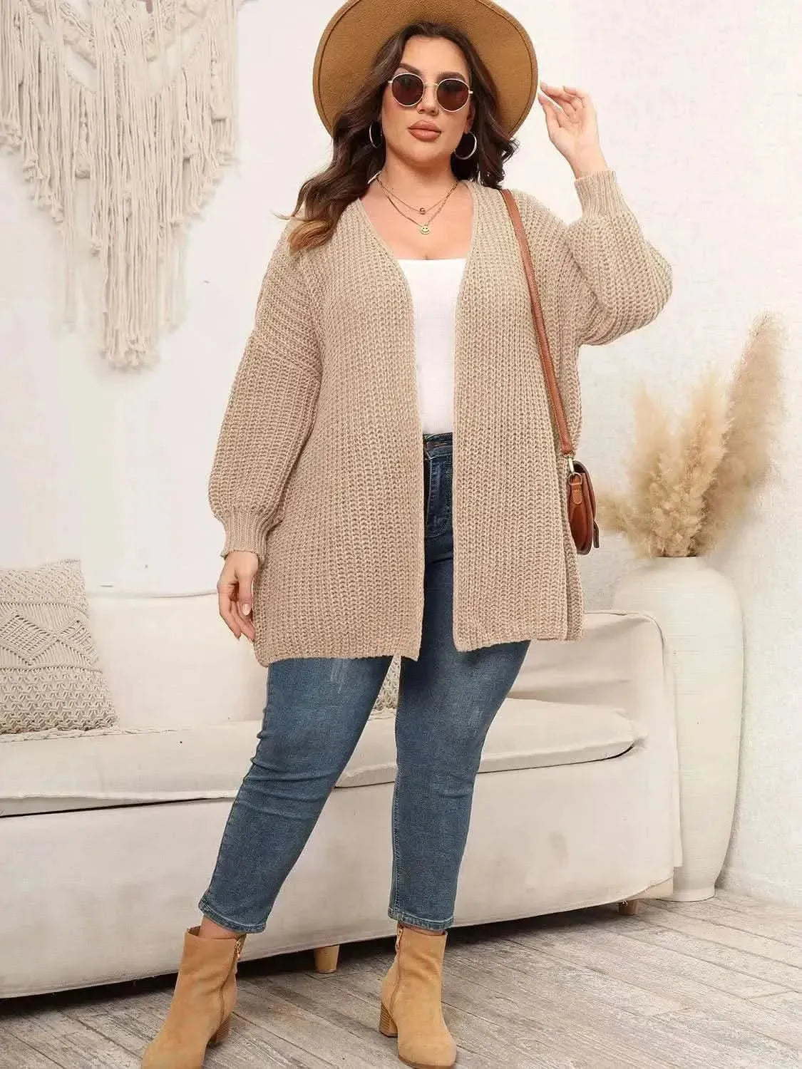 Plus Size Open Front Dropped Shoulder Knit Cardigan - Bad Moms Club