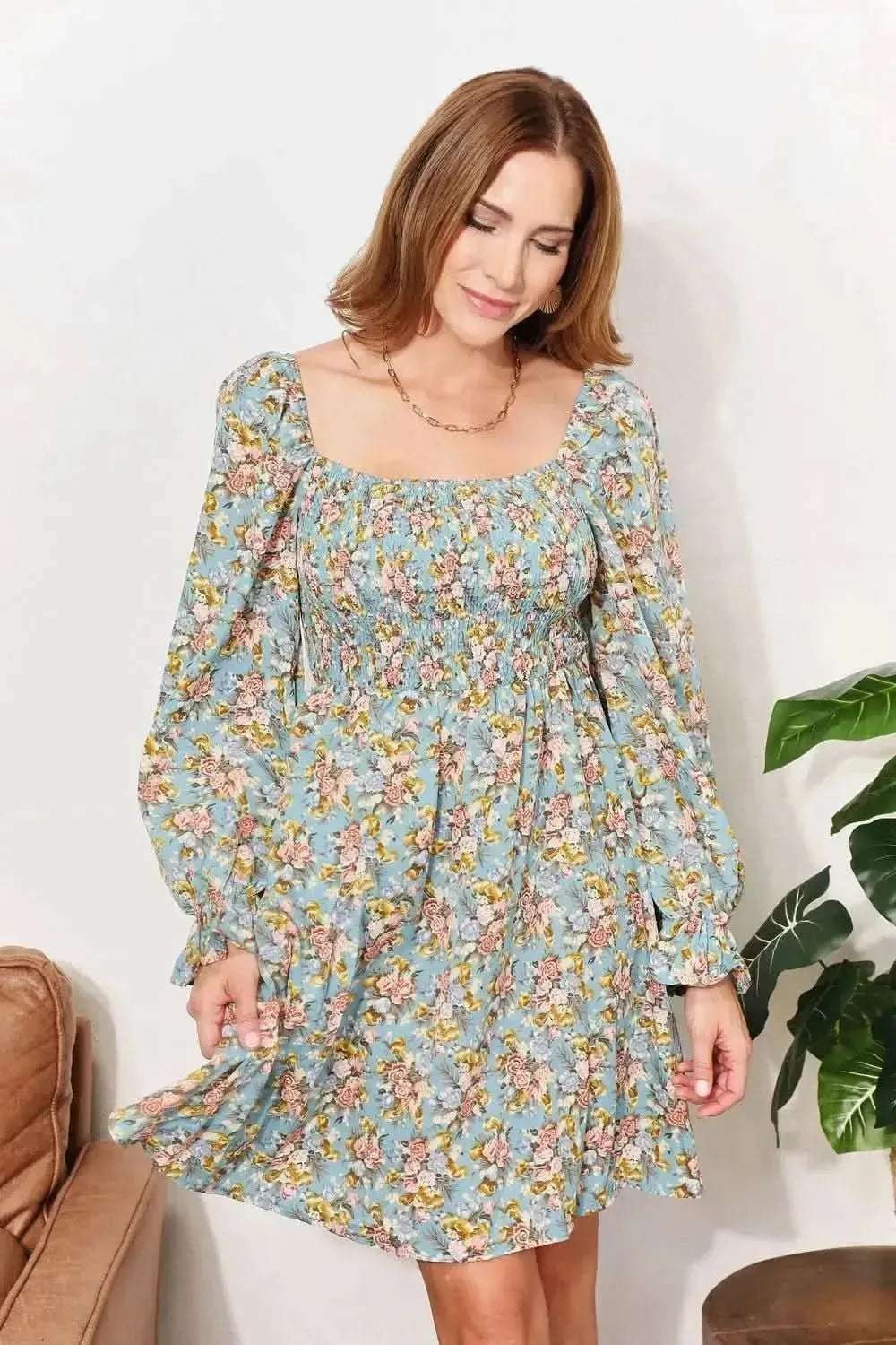Honey Floral Smocked Flounce Sleeve Square Neck Dress - Bad Moms Club