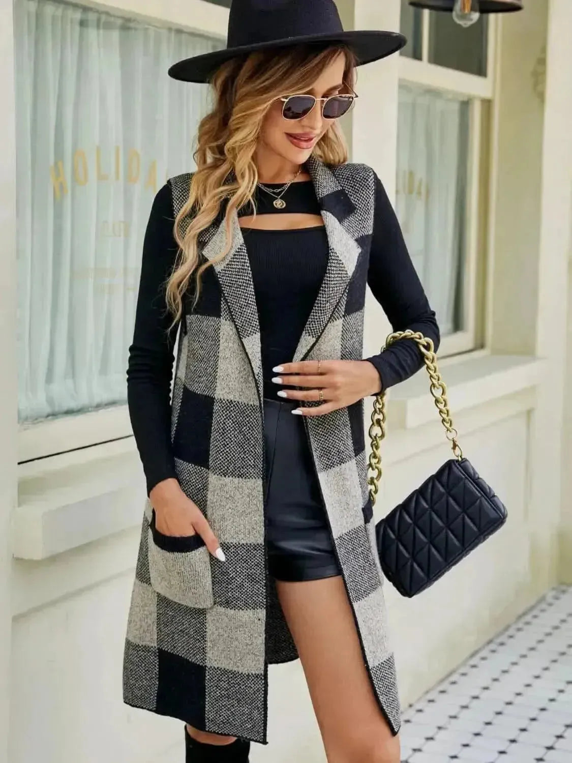 Plaid Lapel Collar Sleeveless Cardigan - Bad Moms Club