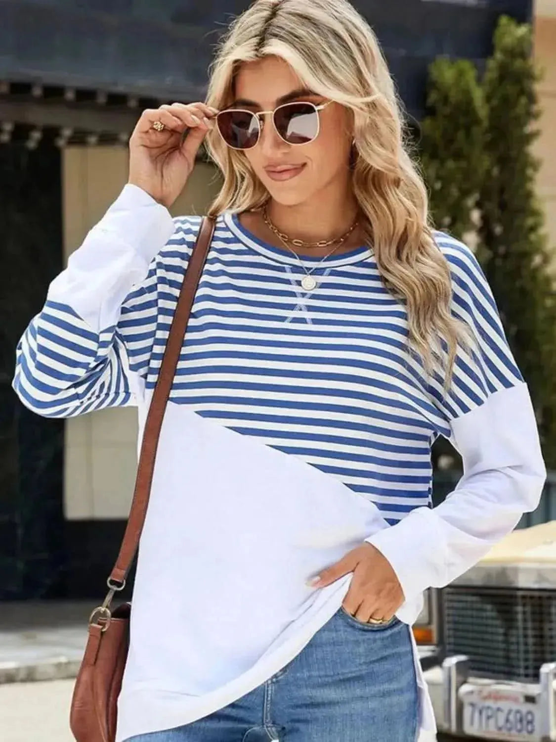 Slit Contrast Striped Long Sleeve Sweatshirt - Bad Moms Club