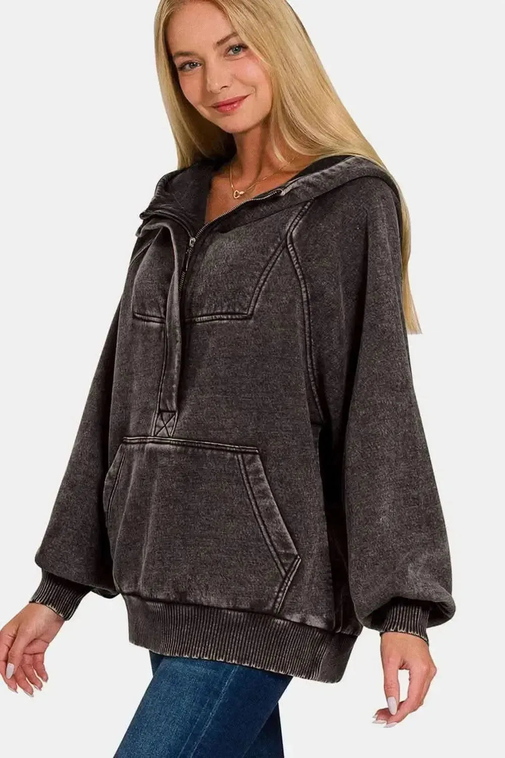 Zenana Acid Wash Fleece Kangaroo Hoodie - Bad Moms Club