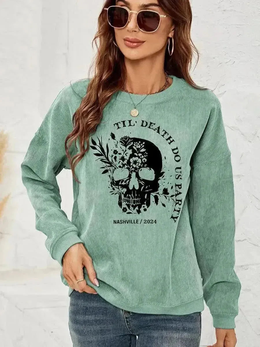 Skull Graphic Dropped Shoulder Sweatshirt - Bad Moms Club