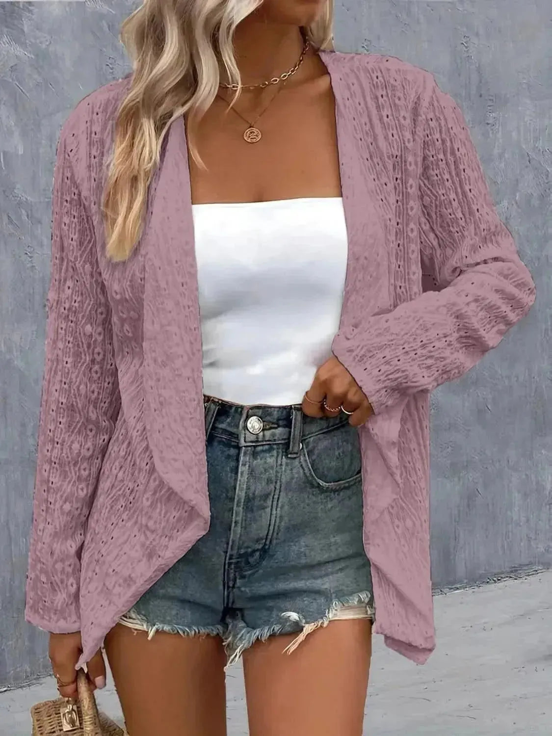Eyelet Roll-Tab Sleeve Cardigan - Bad Moms Club
