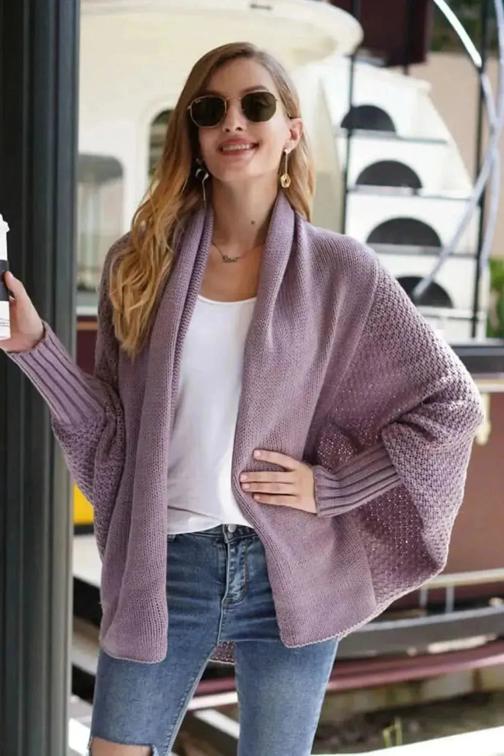 Dolman Sleeve Open Front Ribbed Trim Longline Cardigan - Bad Moms Club