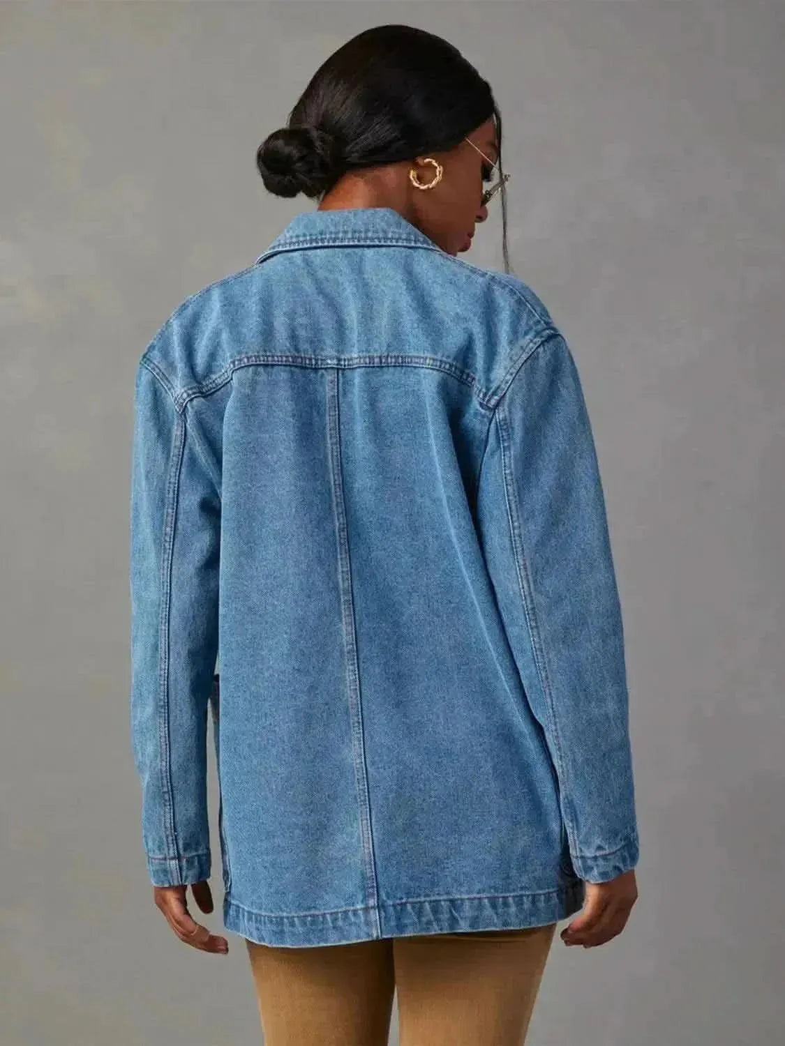 Collared Neck Long Sleeve Denim Jacket - Bad Moms Club
