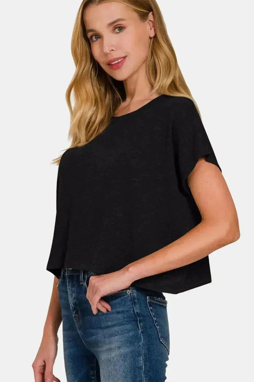 Zenana Round Neck Short Sleeve Crop T-Shirt - Bad Moms Club