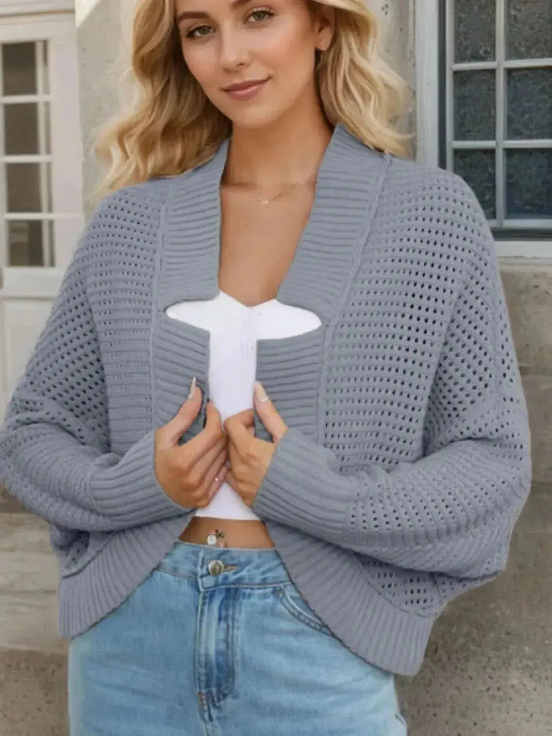 Openwork Open Front Long Sleeve Cardigan - Bad Moms Club