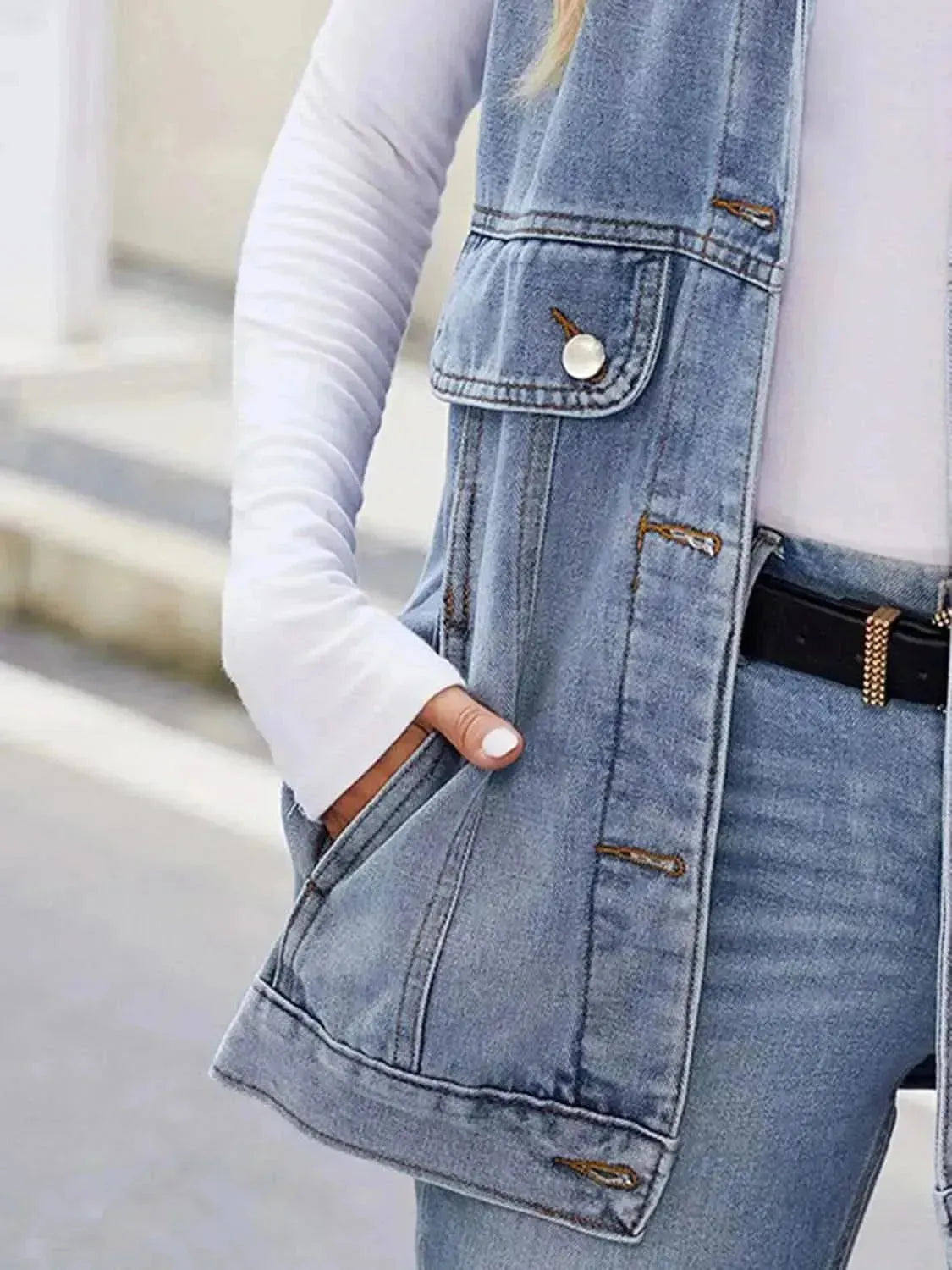 Button Up Collared Neck Denim Jacket with Pockets - Bad Moms Club