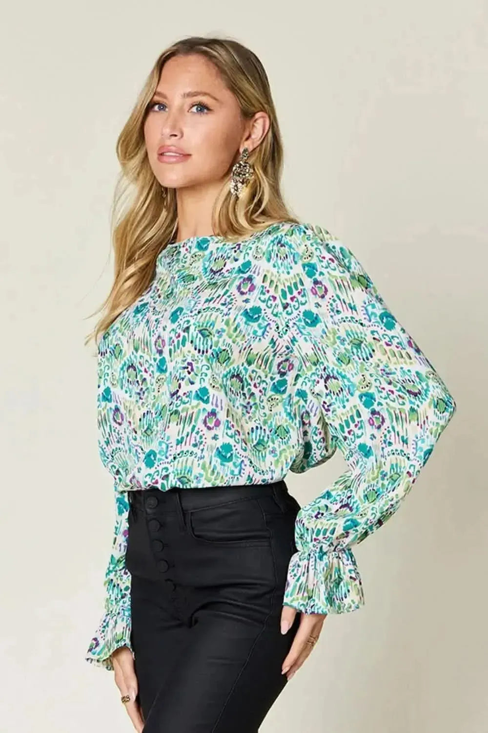 Double Take Full Size Printed Flounce Sleeve Blouse - Bad Moms Club