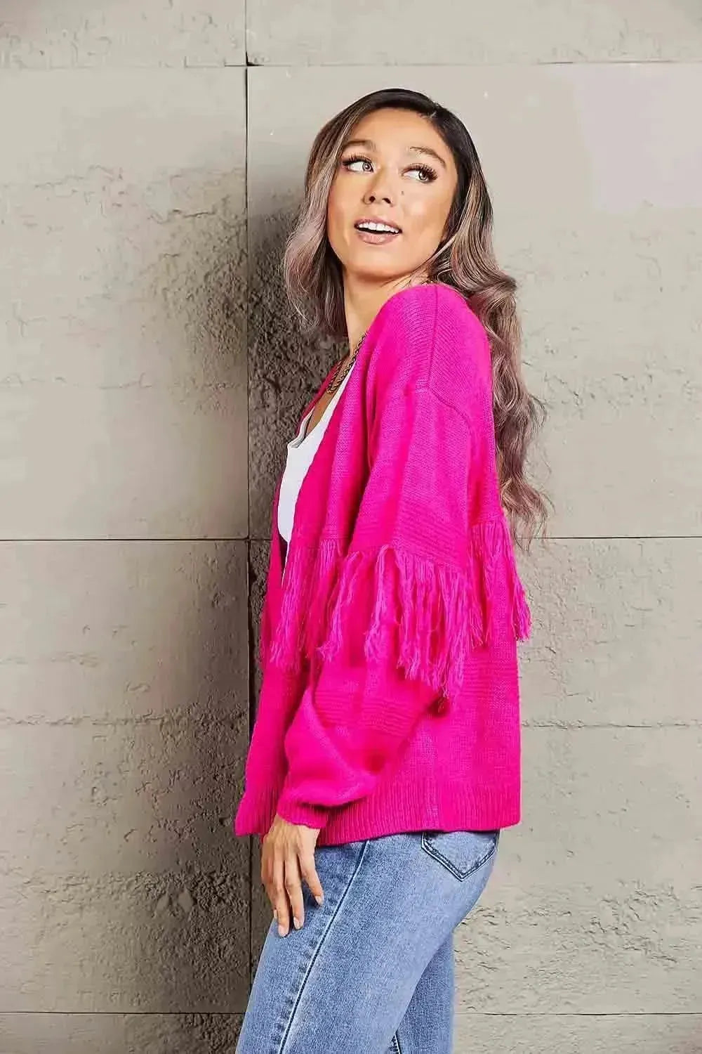 Fringe Trim Open Front Cardigan - Bad Moms Club