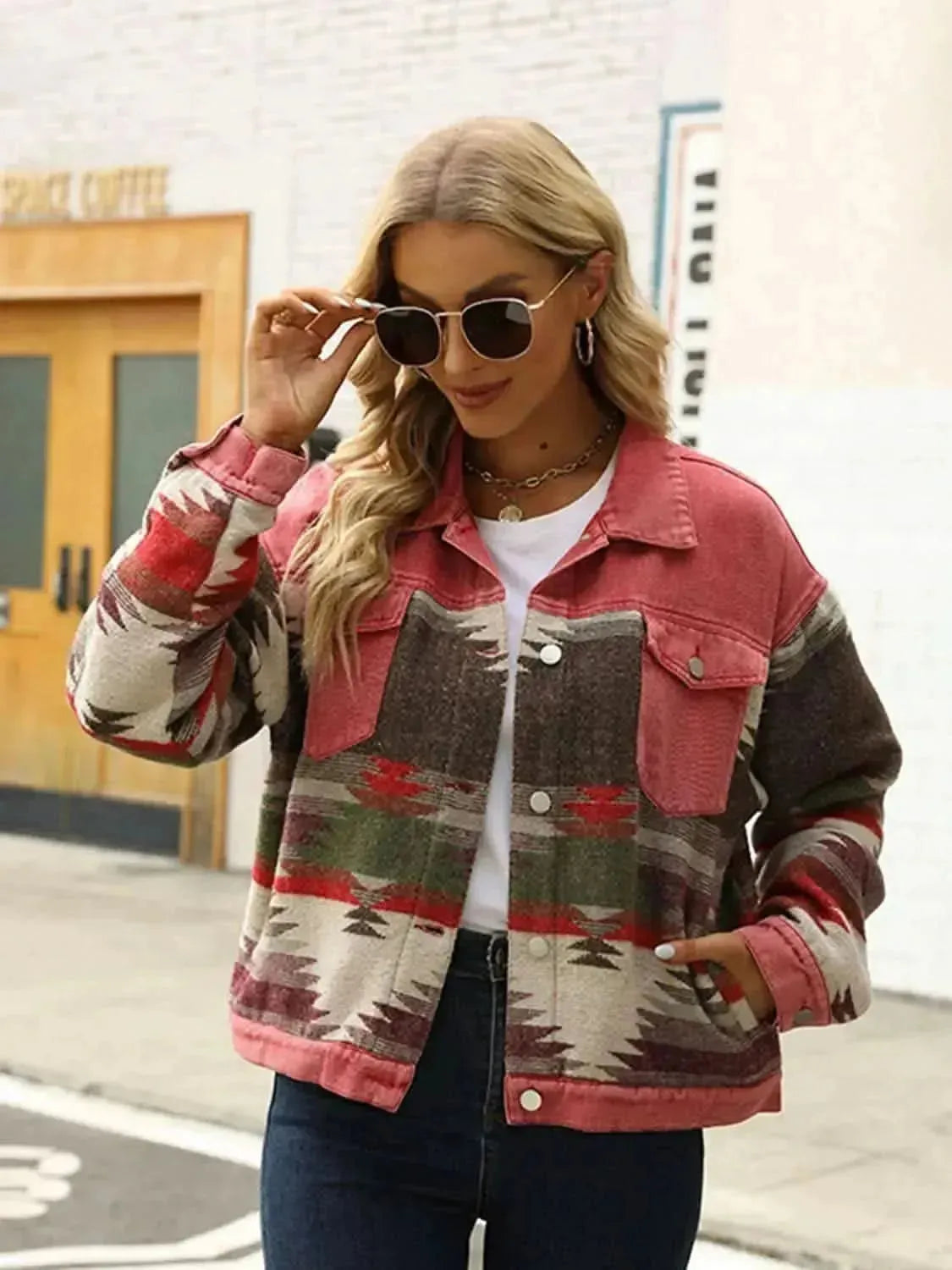 Printed Dropped Shoulder Long Sleeve Denim Jacket - Bad Moms Club