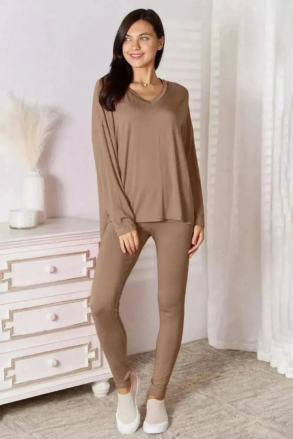 Basic Bae Full Size V-Neck Soft Rayon Long Sleeve Top and Pants Lounge Set - Bad Moms Club