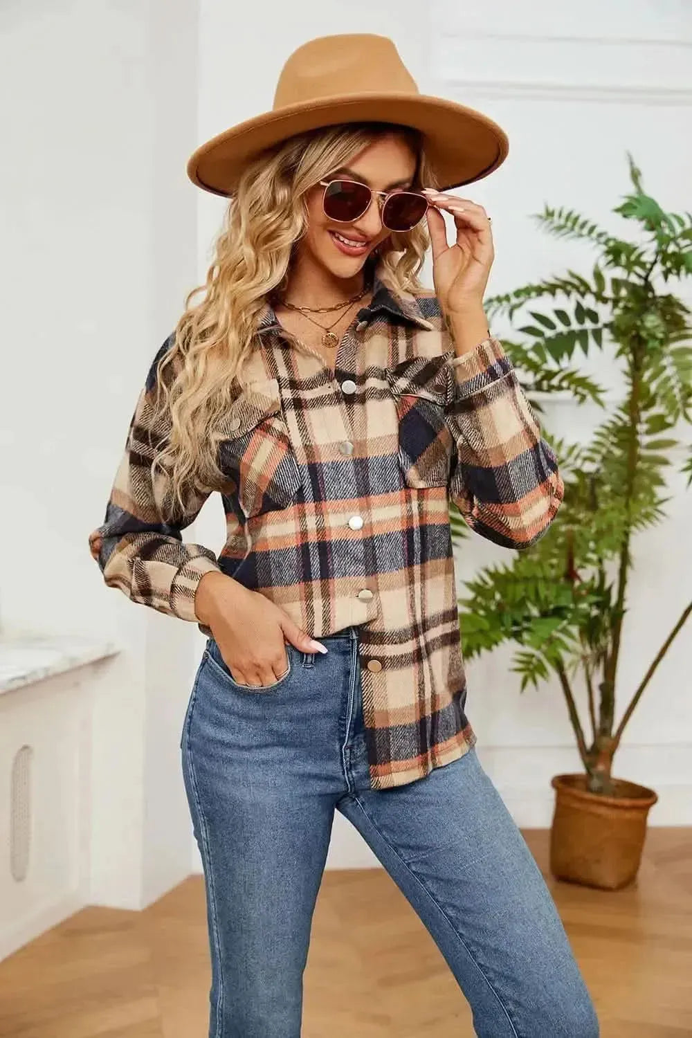 Button Down Collared Plaid Shacket - Bad Moms Club