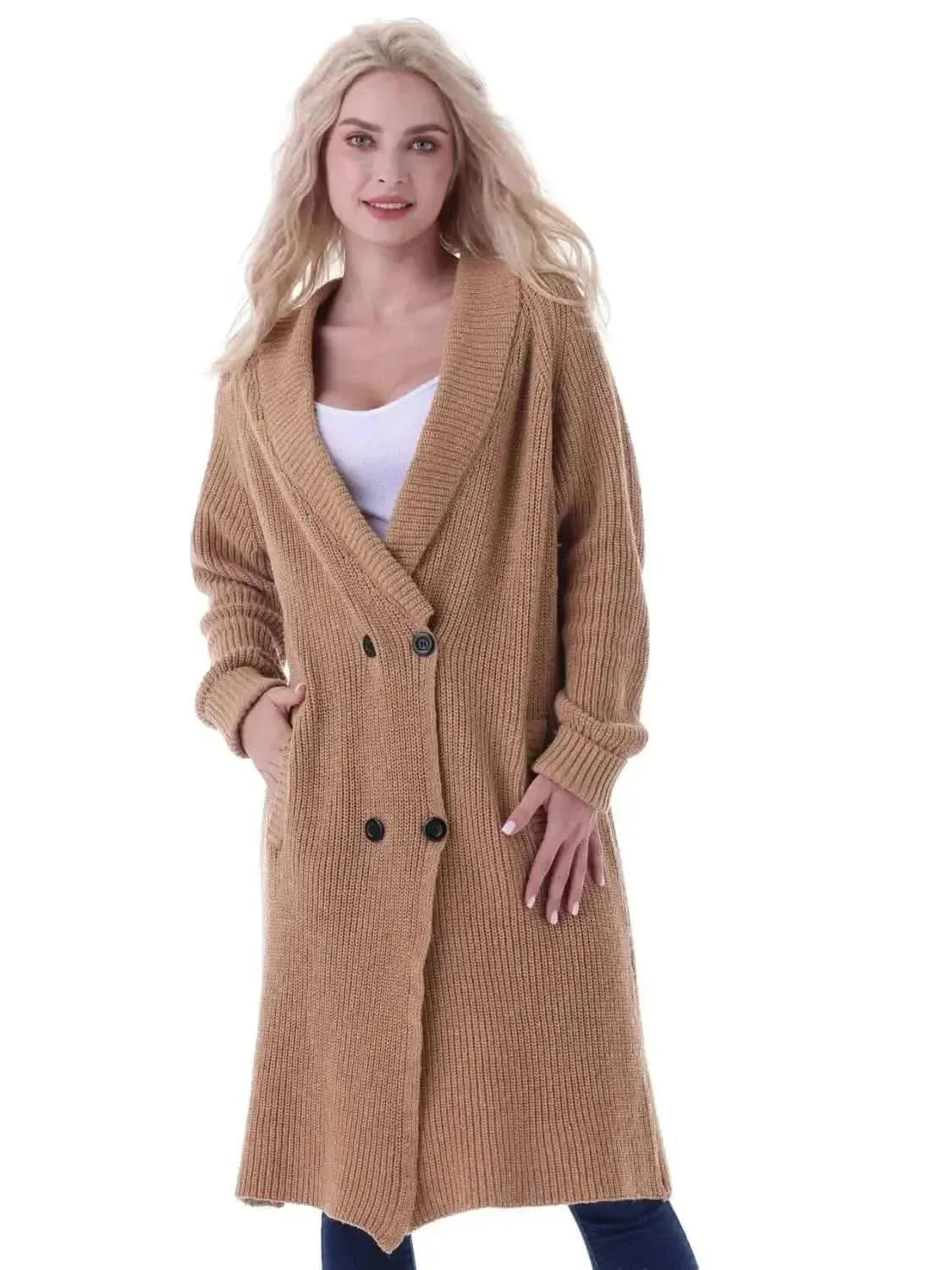 Double-Breasted Longline Cardigan with Pockets - Bad Moms Club