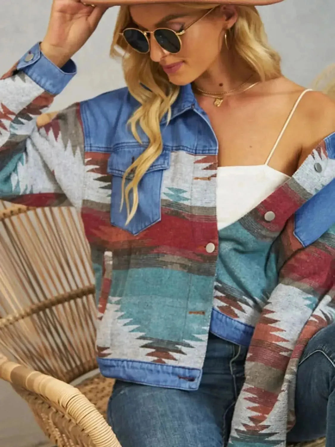 Geometric Button Up Dropped Shoulder Denim Jacket - Bad Moms Club