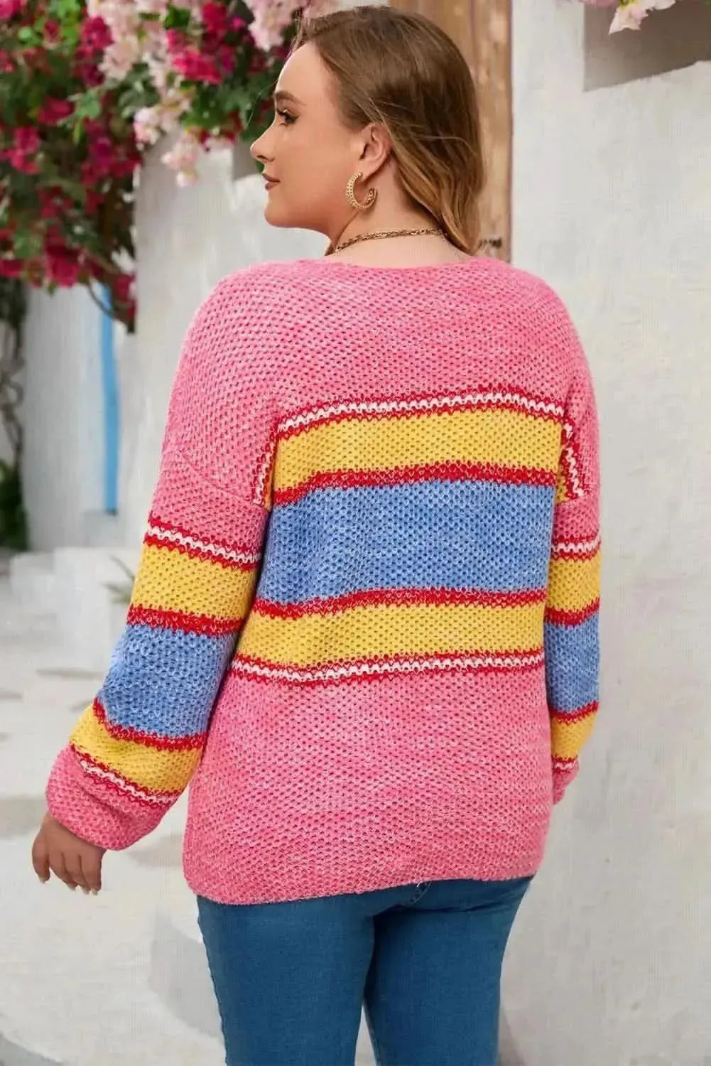 Plus Size Color Block Round Neck Long Sleeve Sweater - Bad Moms Club