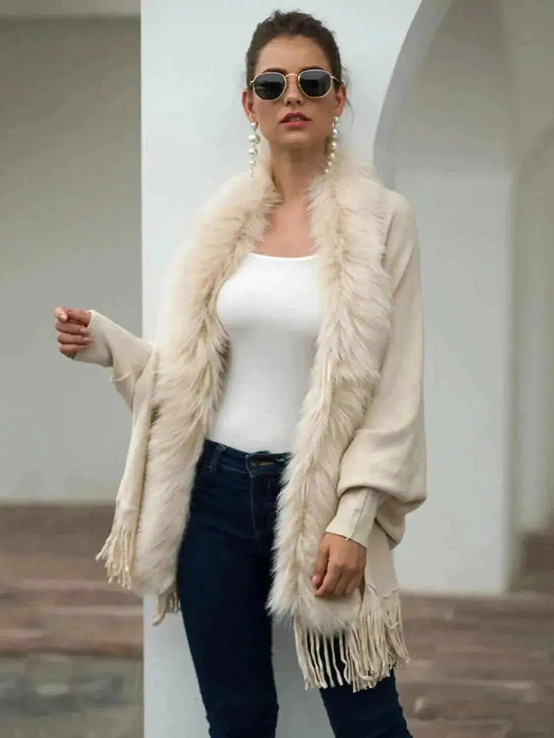 Fringe Open Front Long Sleeve Poncho - Bad Moms Club